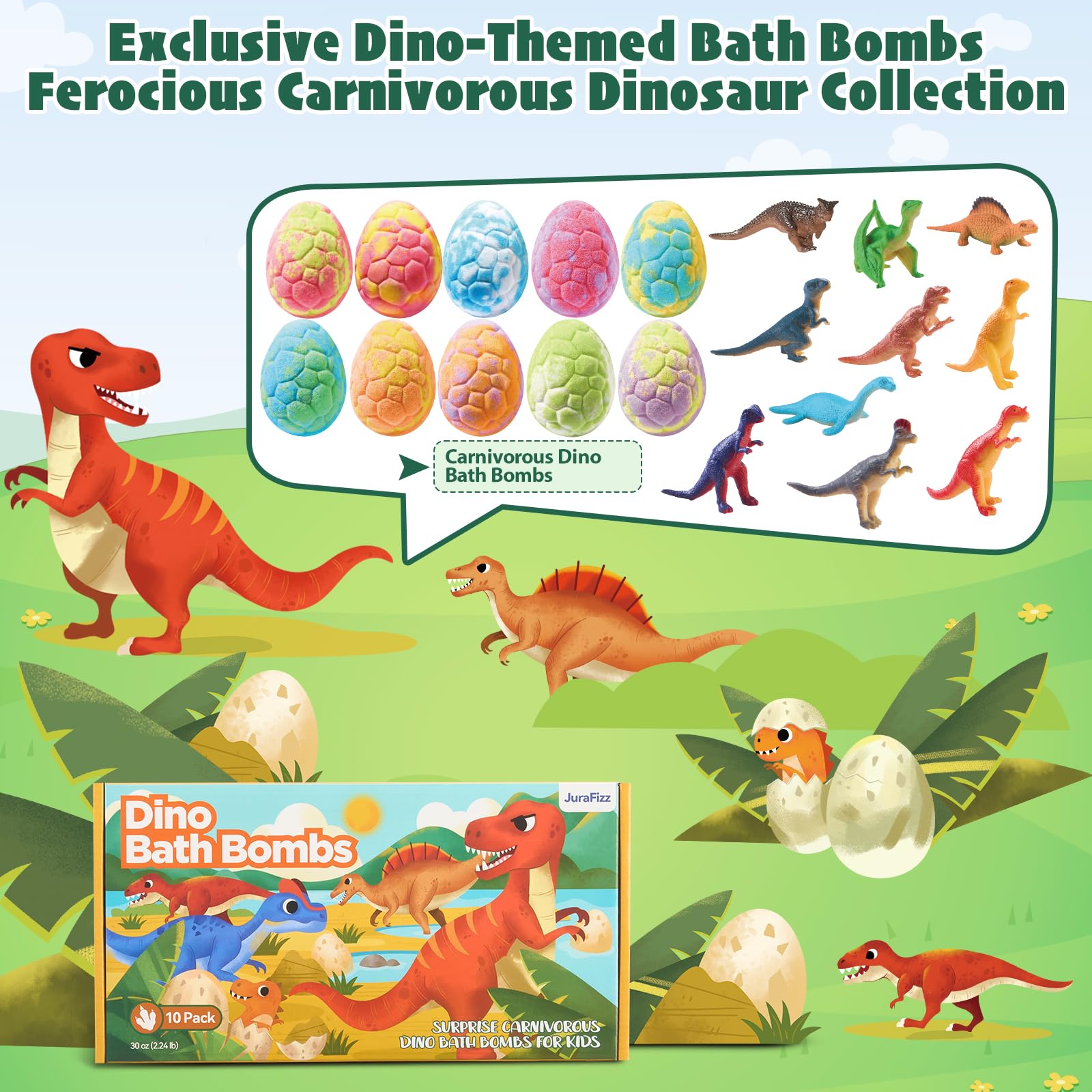 JuraFizz dino eggs surprise toys peeking from each bath bomb.
