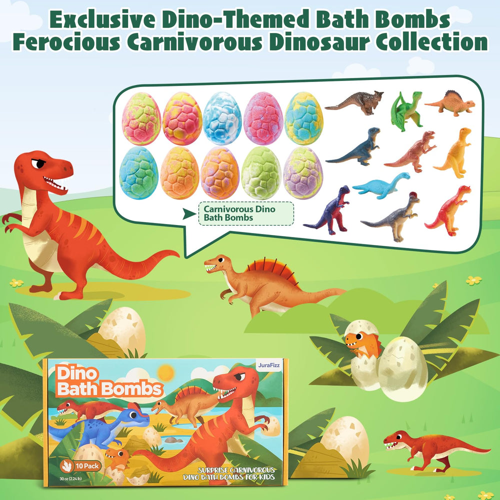 JuraFizz dino eggs surprise toys peeking from each bath bomb.