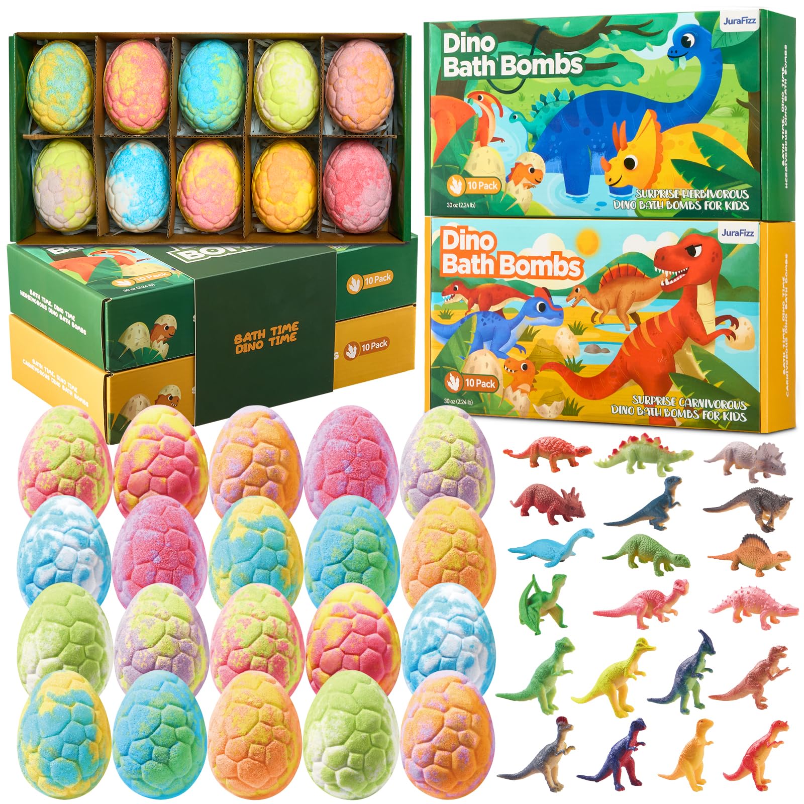 JuraFizz dinosaur bath bombs 20-pack showing bright colors for playful bath time.