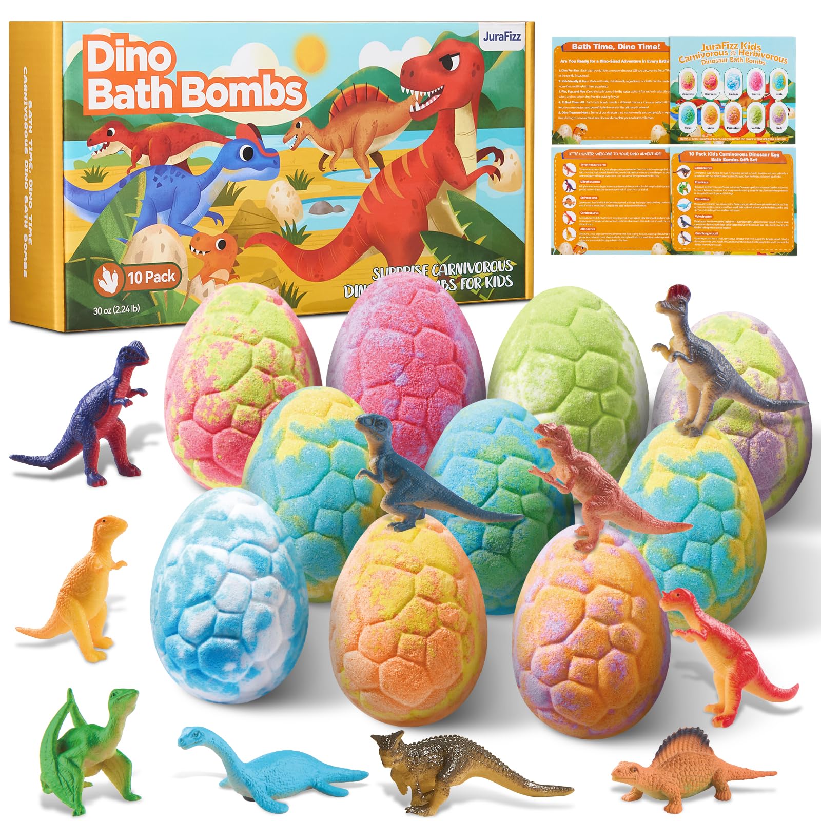 JuraFizz dinosaur bath bombs pack cover with vibrant colors for exciting bath time.