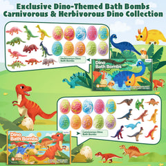 JuraFizz bath bombs reveal surprise dinosaur toy inside during bath time.