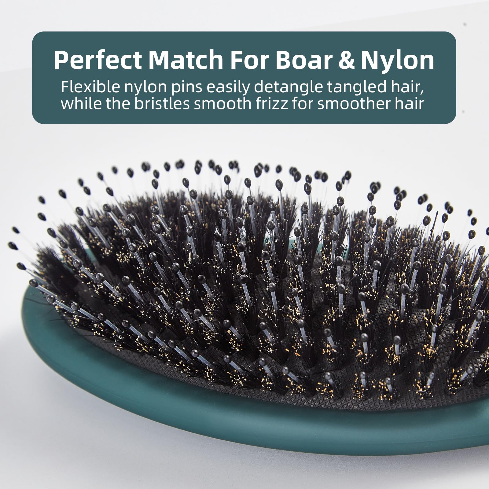 Jurrissa Boar Bristles Hair Brush close-up of natural boar bristles and nylon teeth for gentle detangling