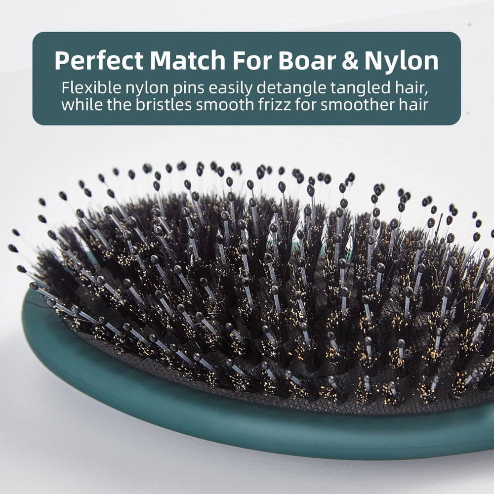 Jurrissa Boar Bristles Hair Brush close-up of natural boar bristles and nylon teeth for gentle detangling