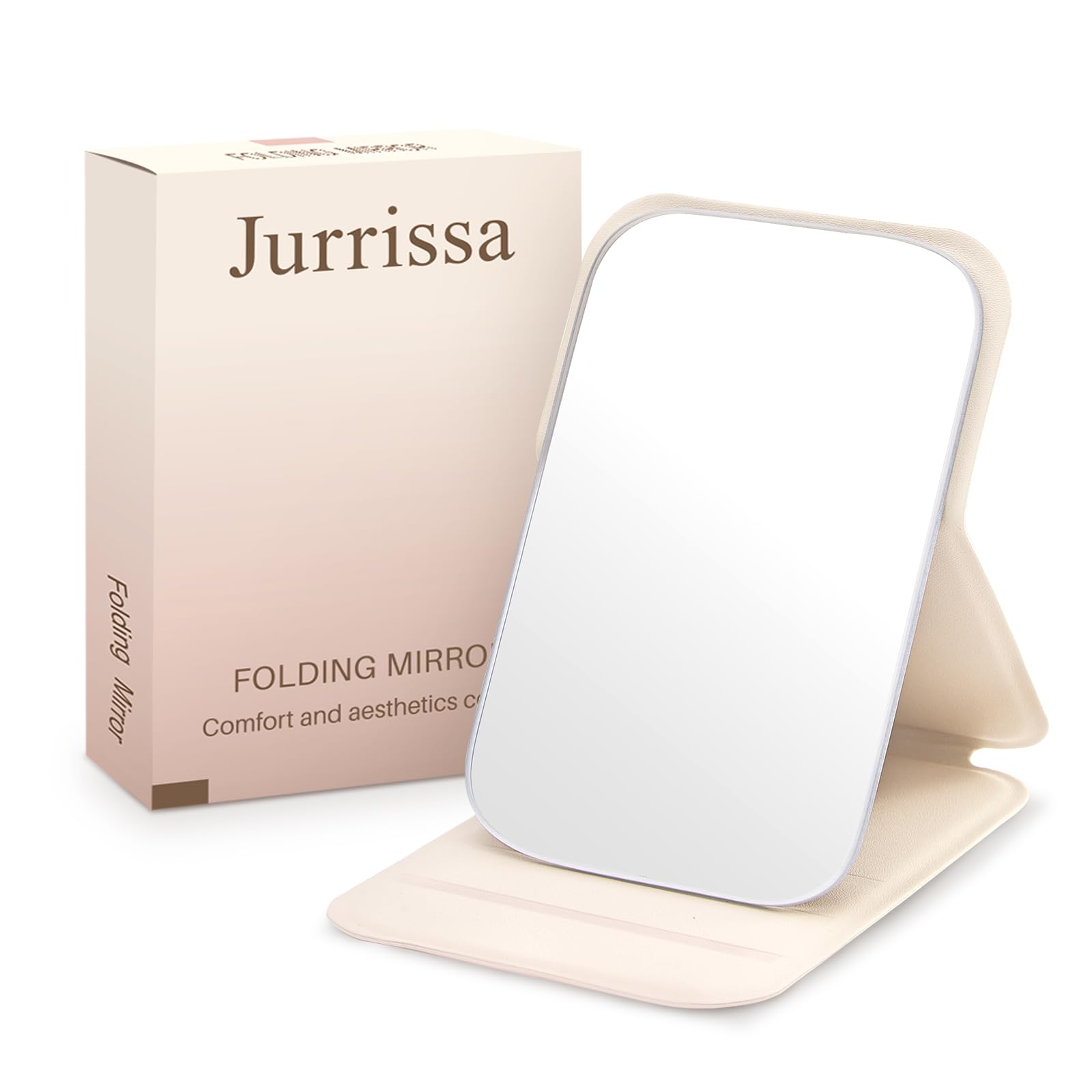 Jurrissa compact folding mirror with beige cover, portable makeup for on-the-go touchups.