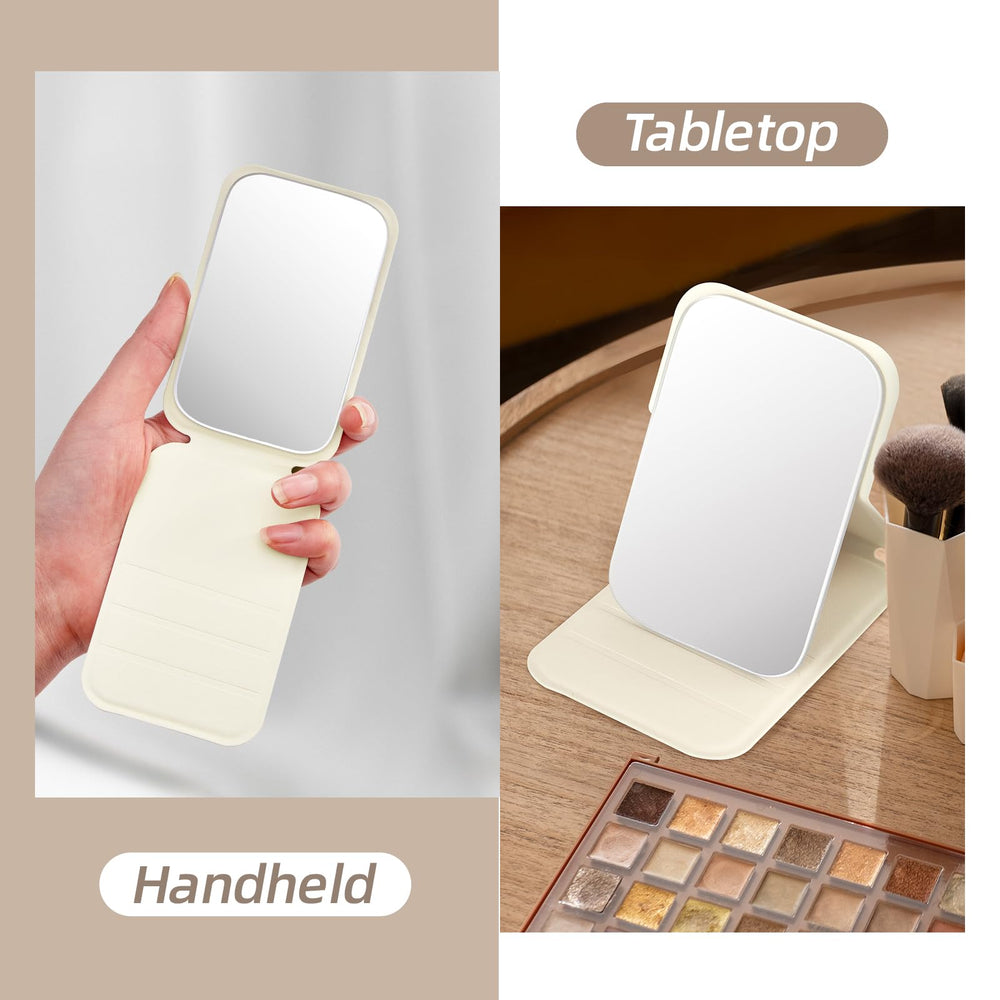 Jurrissa foldable mirror used as desktop vanity for hands-free makeup.