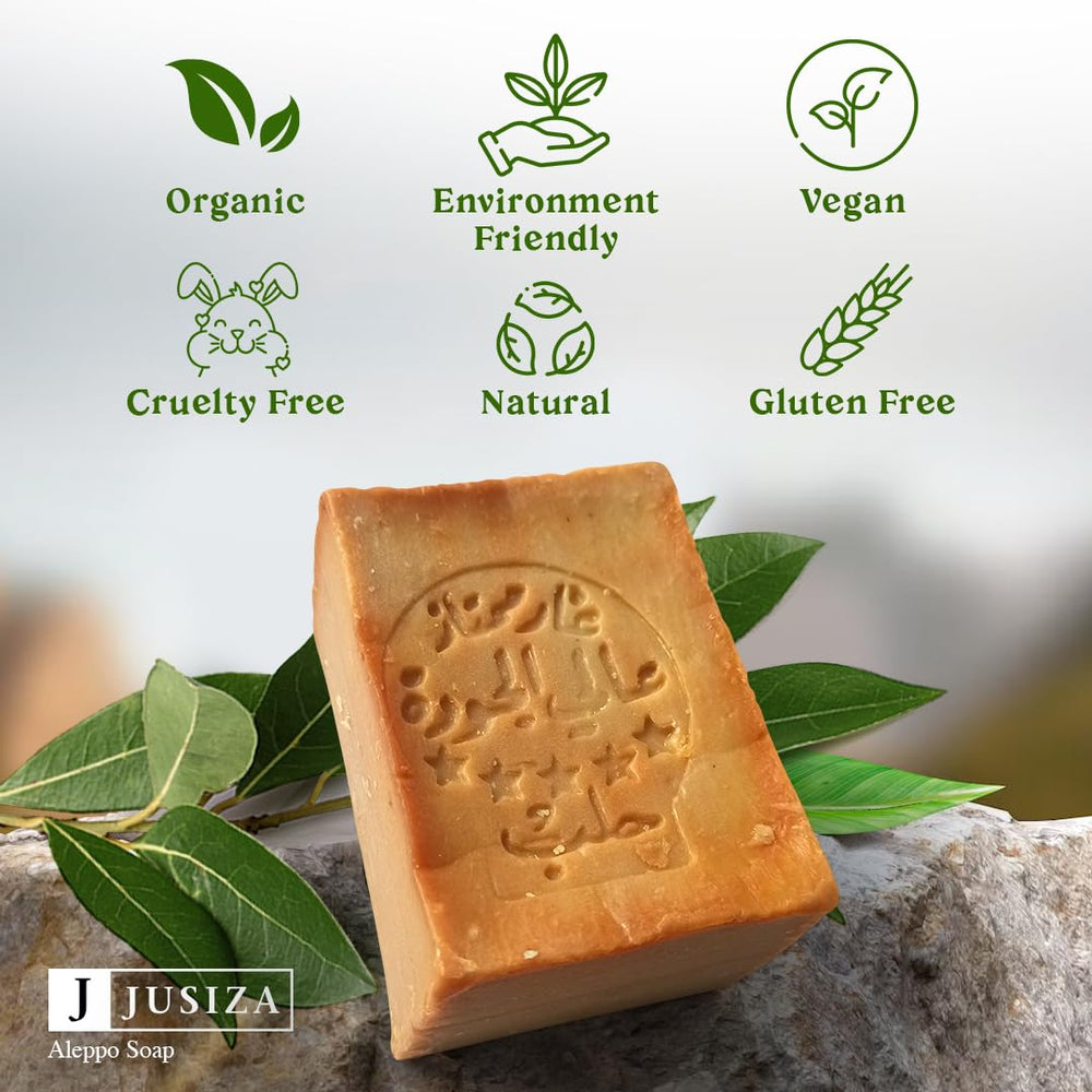 JUSIZA Aleppo Soap natural ingredients label communicates absence of additives.