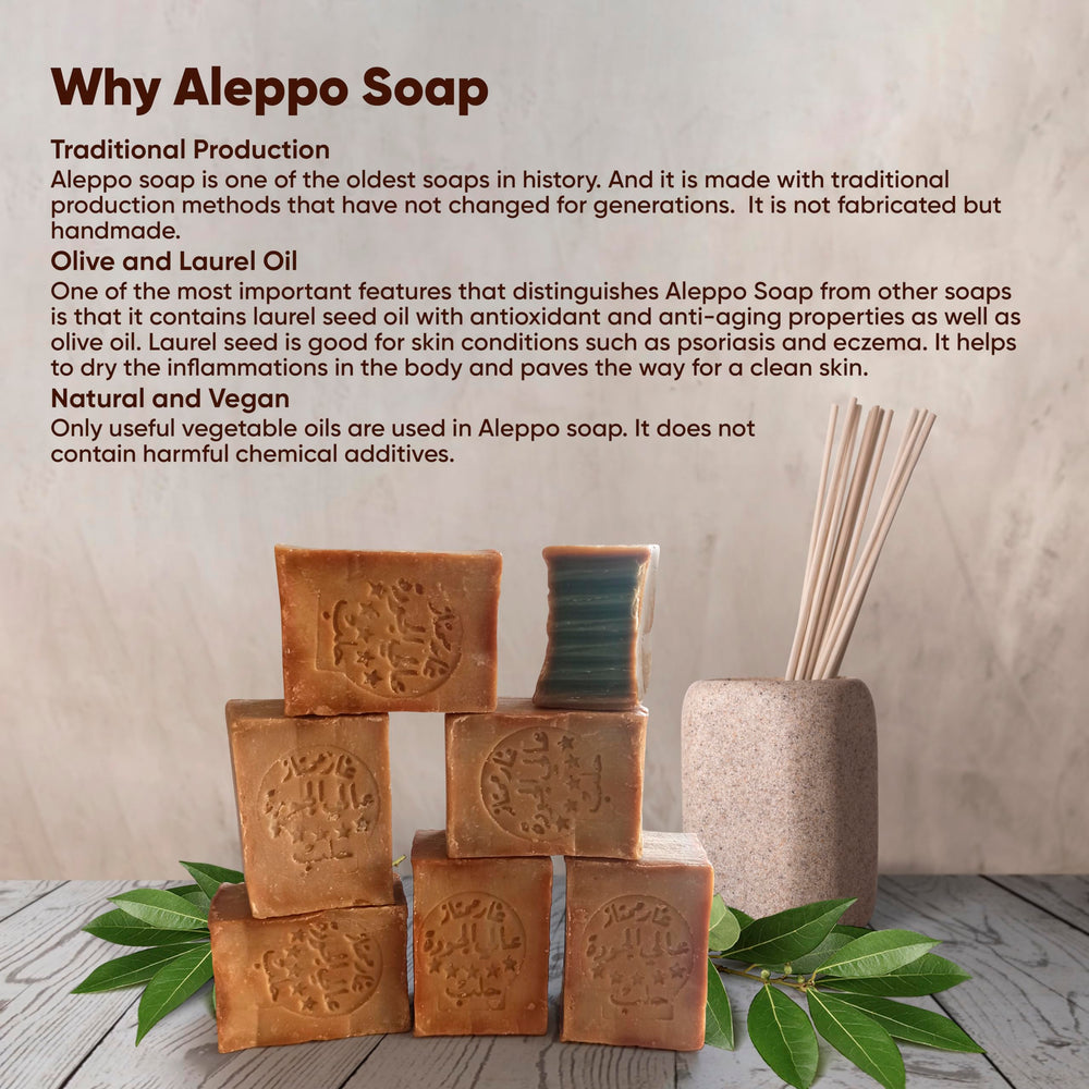 JUSIZA Aleppo Soap close-up shows olive and laurel oils for moisturizing skin.