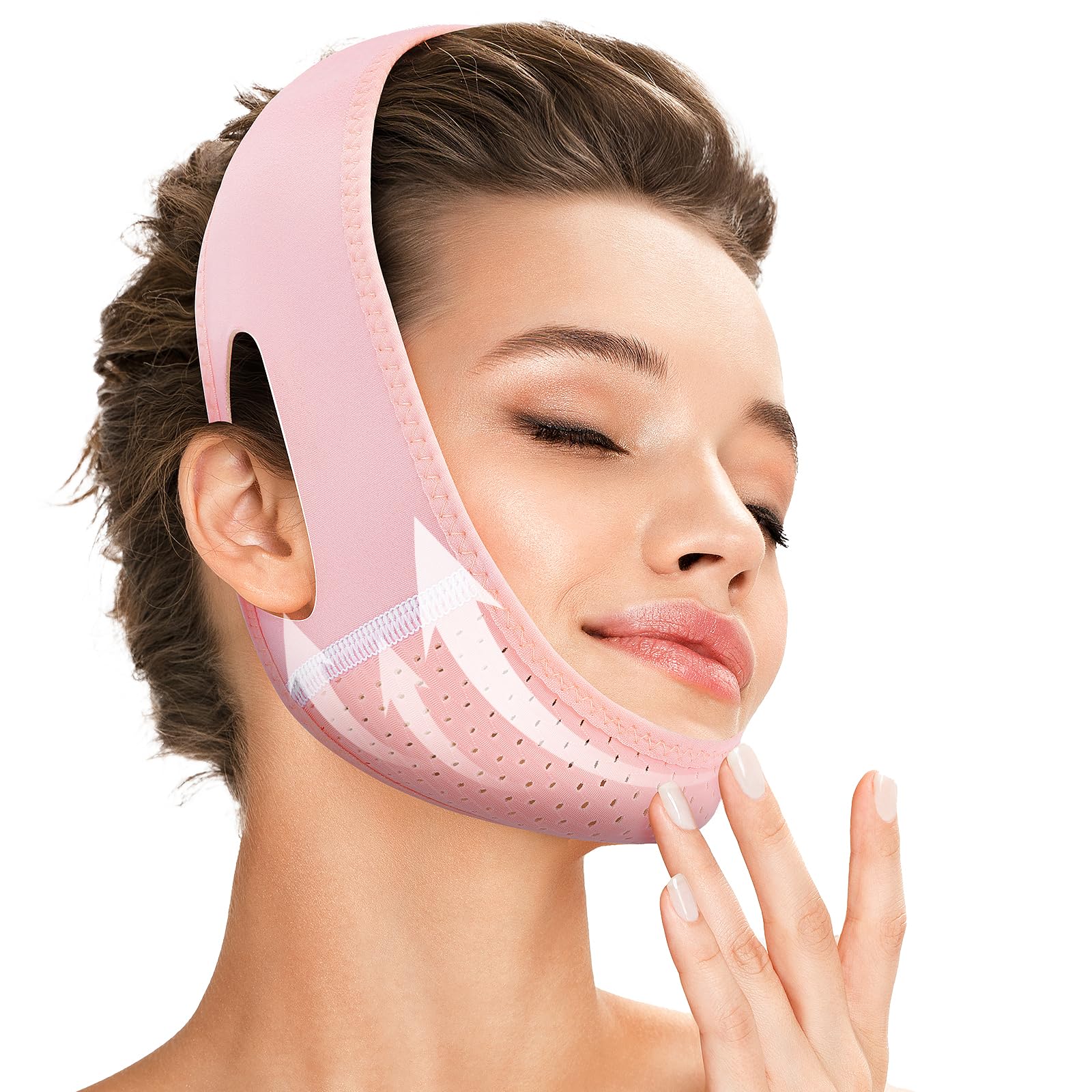 Juskaa V-Line Lifting Mask front view in pink for comfortable chin strap.