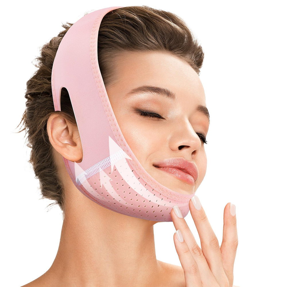 Juskaa V-Line Lifting Mask front view in pink for comfortable chin strap.