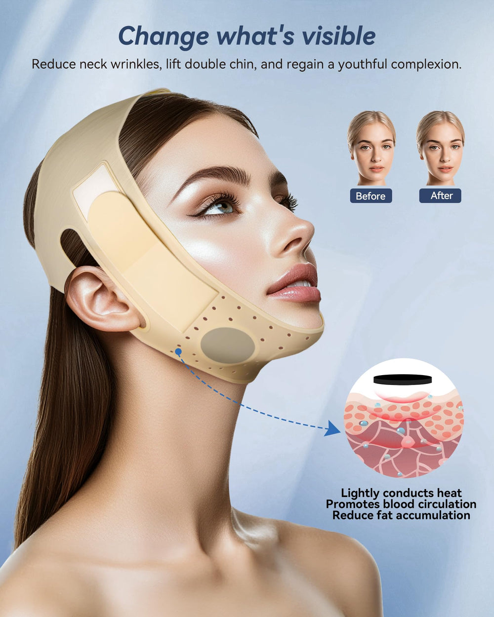 JUSMORE reusable V-Line strap worn during daily routines for a subtle jawline feel