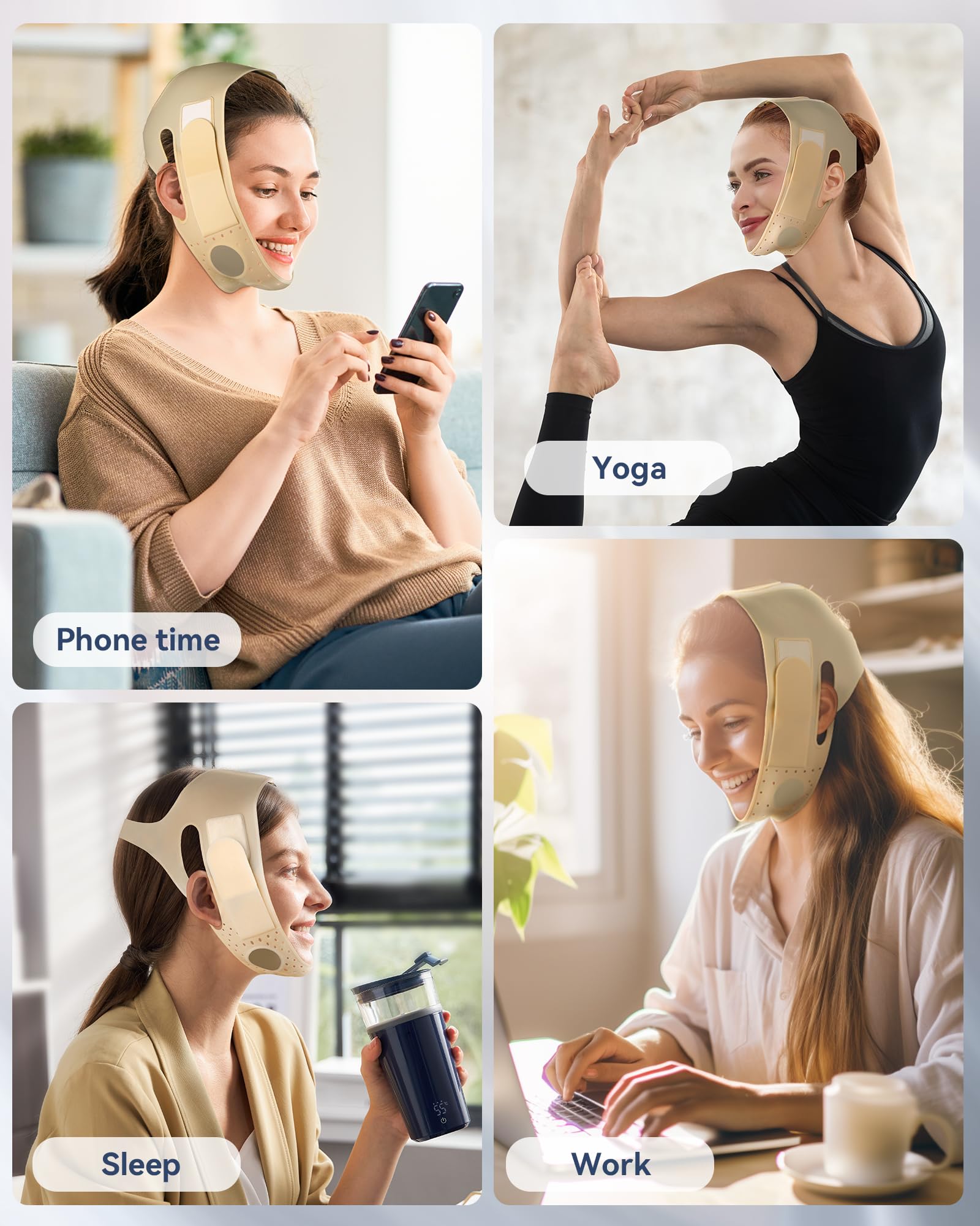 JUSMORE wearable silicone strap shown during reading, TV time, and relaxation
