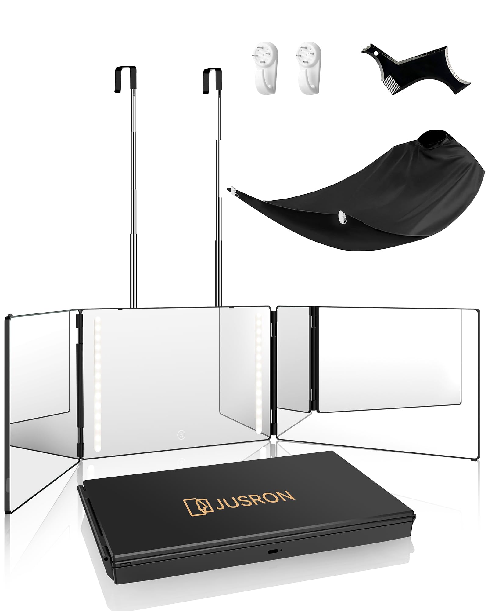 JUSRON 360° viewing-angle mirror with LED for precise DIY haircuts and full-head visibility