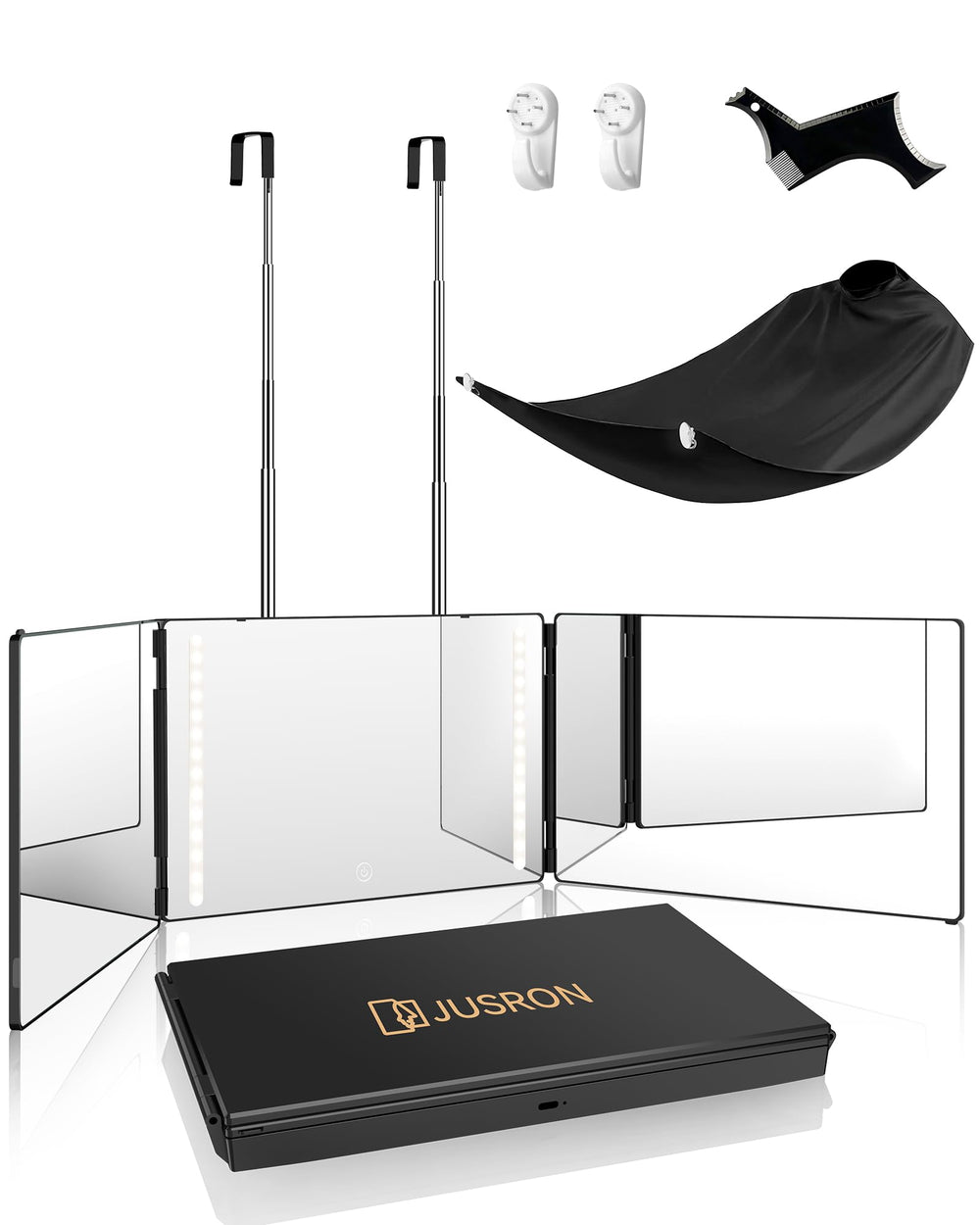 JUSRON 360° viewing-angle mirror with LED for precise DIY haircuts and full-head visibility