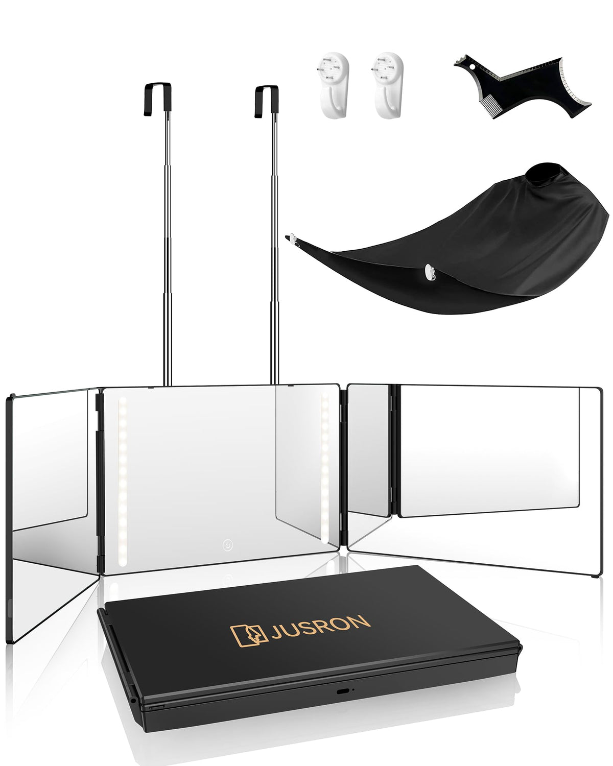 JUSRON 360° viewing-angle mirror with LED for precise DIY haircuts and full-head visibility