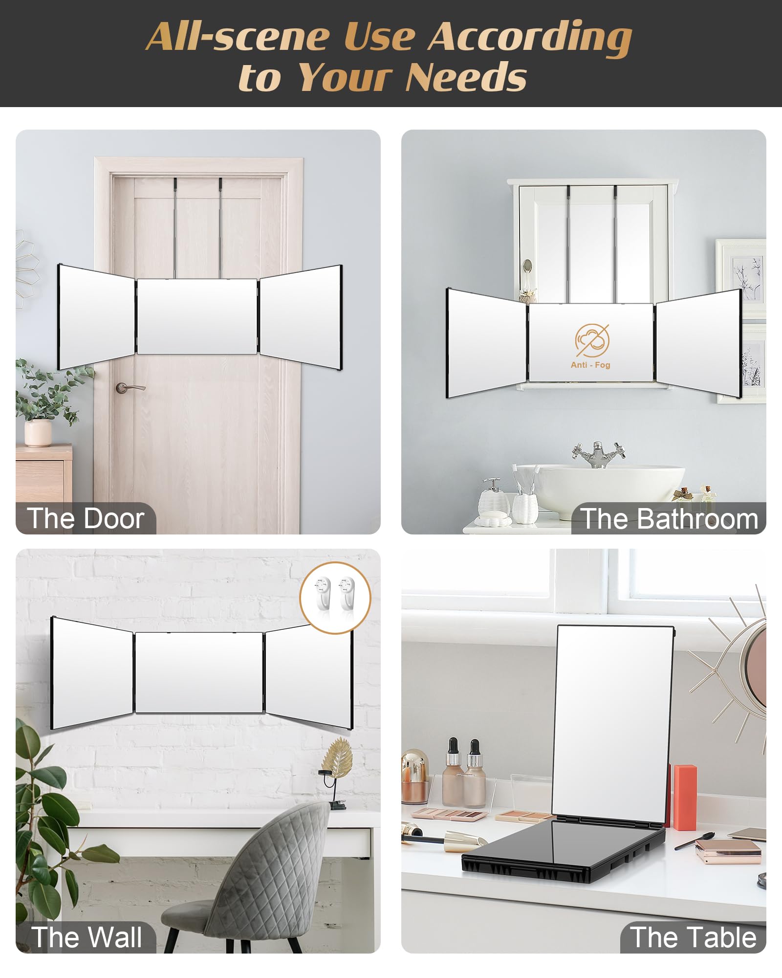 JUSRON 360° mirror back view highlighting three-way design for back angles