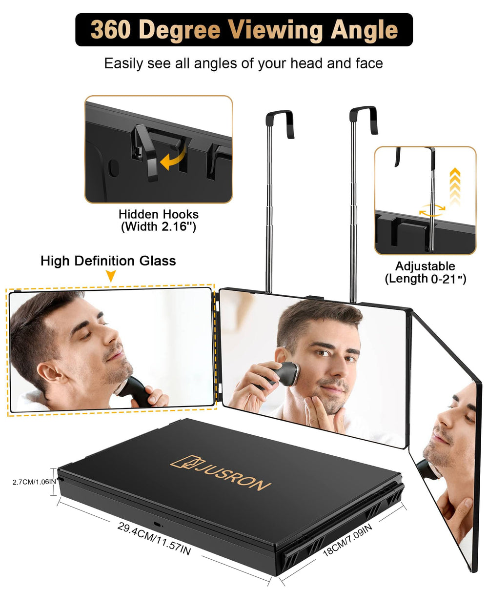 JUSRON 360° mirror back view shows rear head angles for even trims