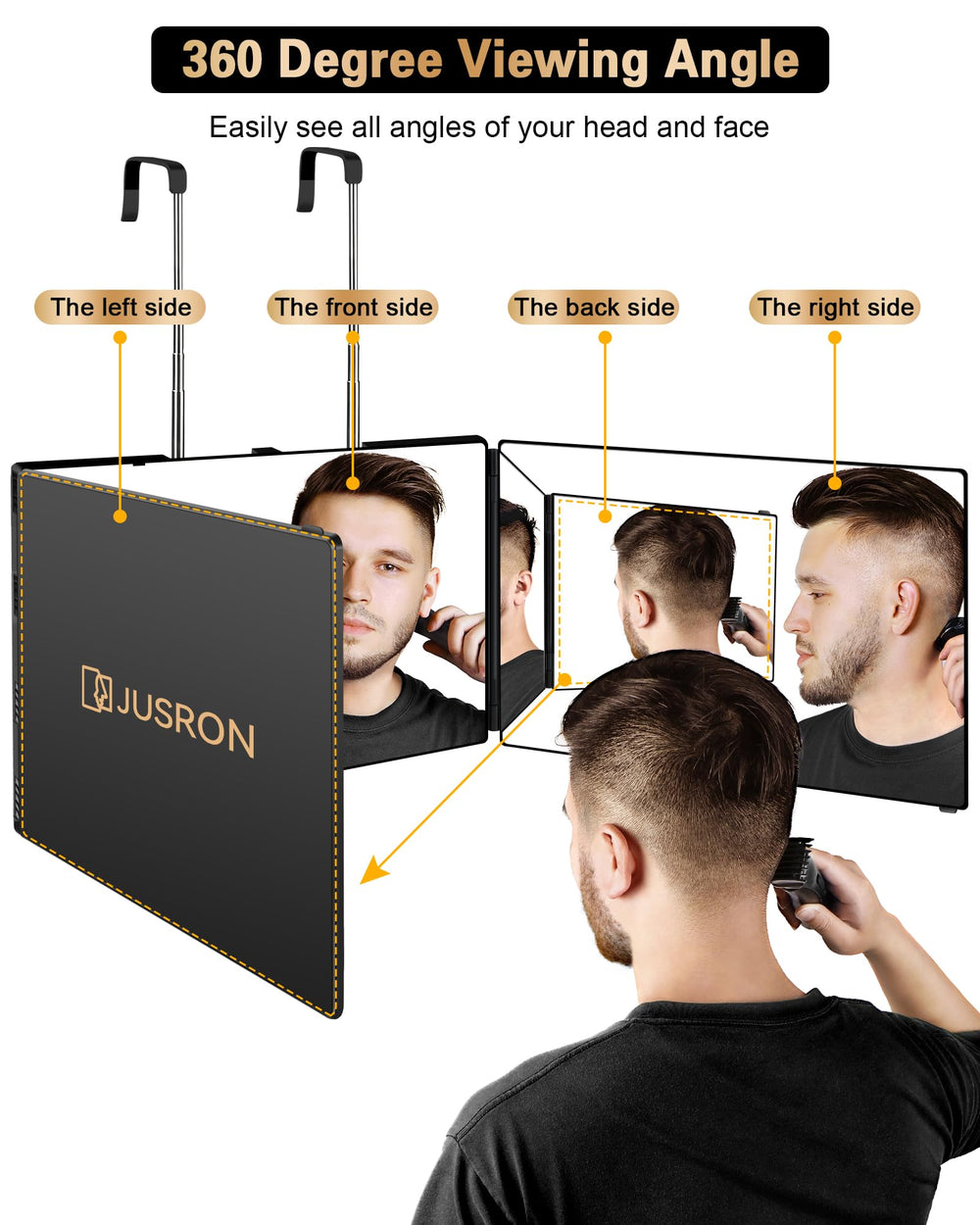 JUSRON 360° mirror side angle for balanced hairstyle detailing
