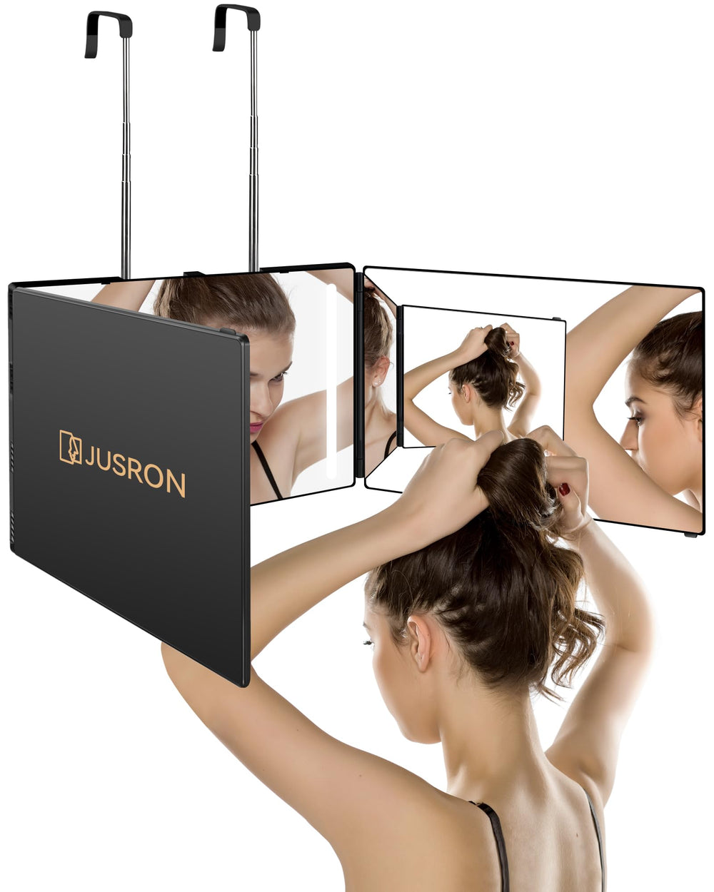 JUSRON 360° viewing-angle mirror shows every angle for precise DIY hairstyle.
