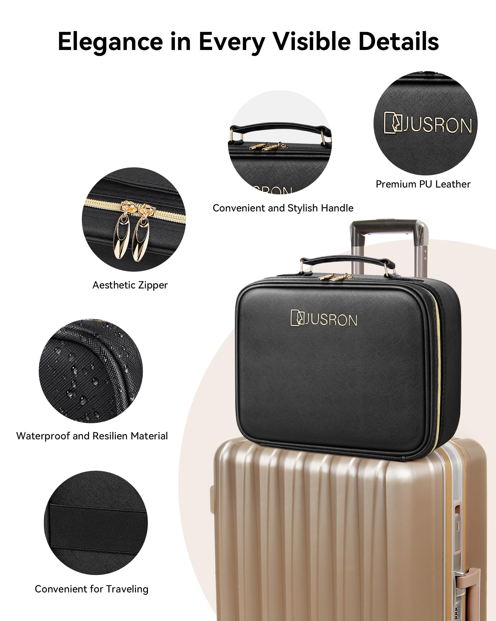 JUSRON Travel Makeup Bag black travel case blends style and practicality