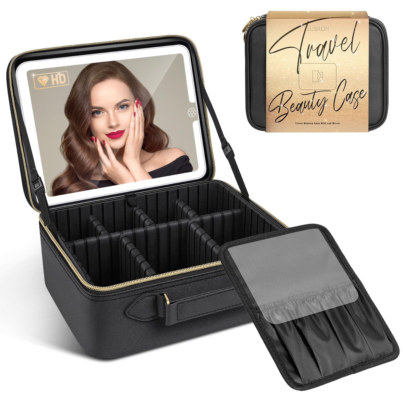 JUSRON Travel Makeup Bag LED Mirror close-up showing three-color fill light for precise makeup