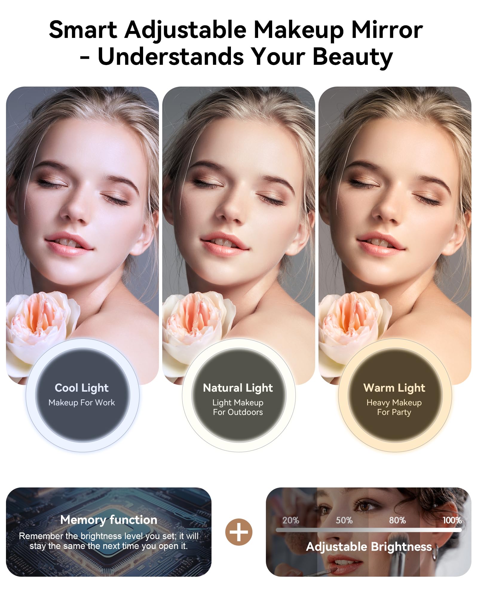 JUSRON Travel Makeup Bag smart fill light mirror demonstrates brightness memory for day-to-night looks