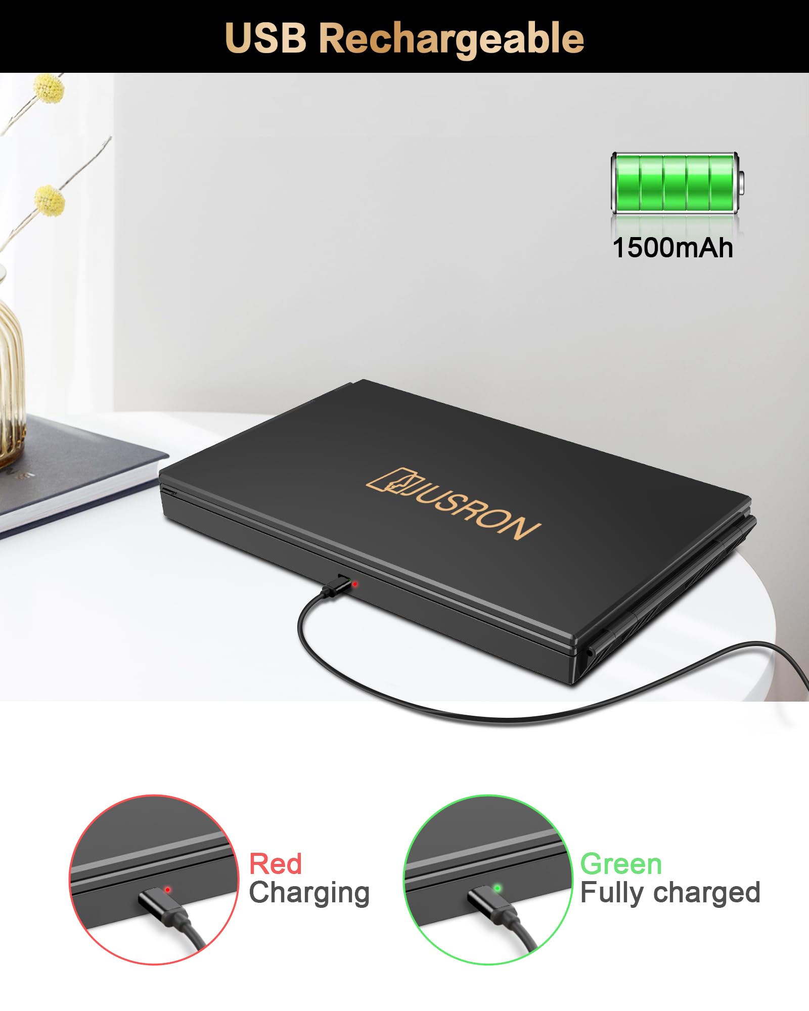 JUSRON USB rechargeable LED lights illuminate the grooming area clearly.