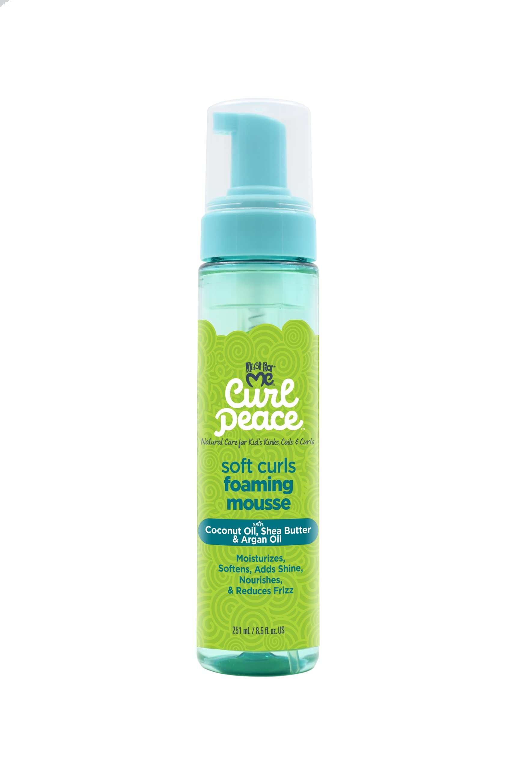Just For Me Curl Peace Foaming Mousse bottle shows lightweight hold for defined curls.
