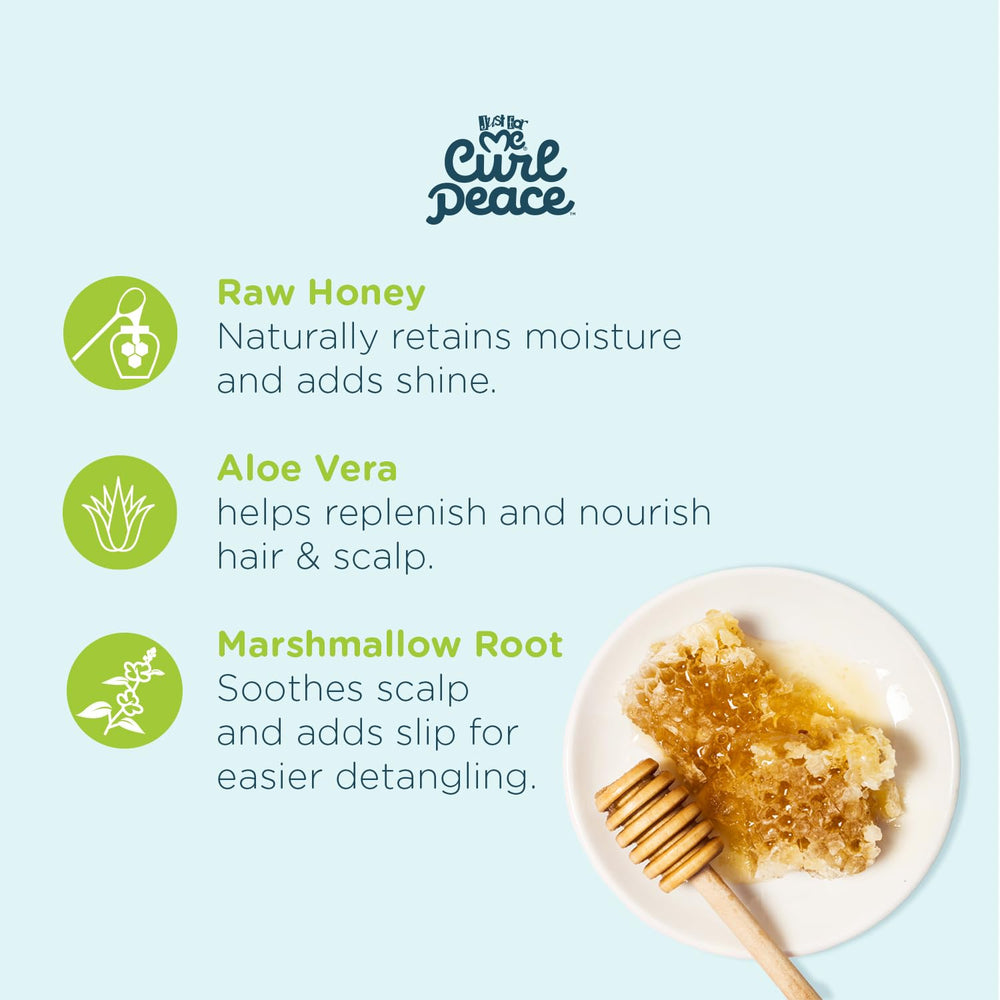 Just For Me Curl Peace ingredients: aloe, marshmallow, honey delivering moisture and slip.