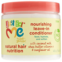 Just For Me Hair Nutrition Leave-In Conditioner packshot highlights 15 oz bottle for everyday detangling.