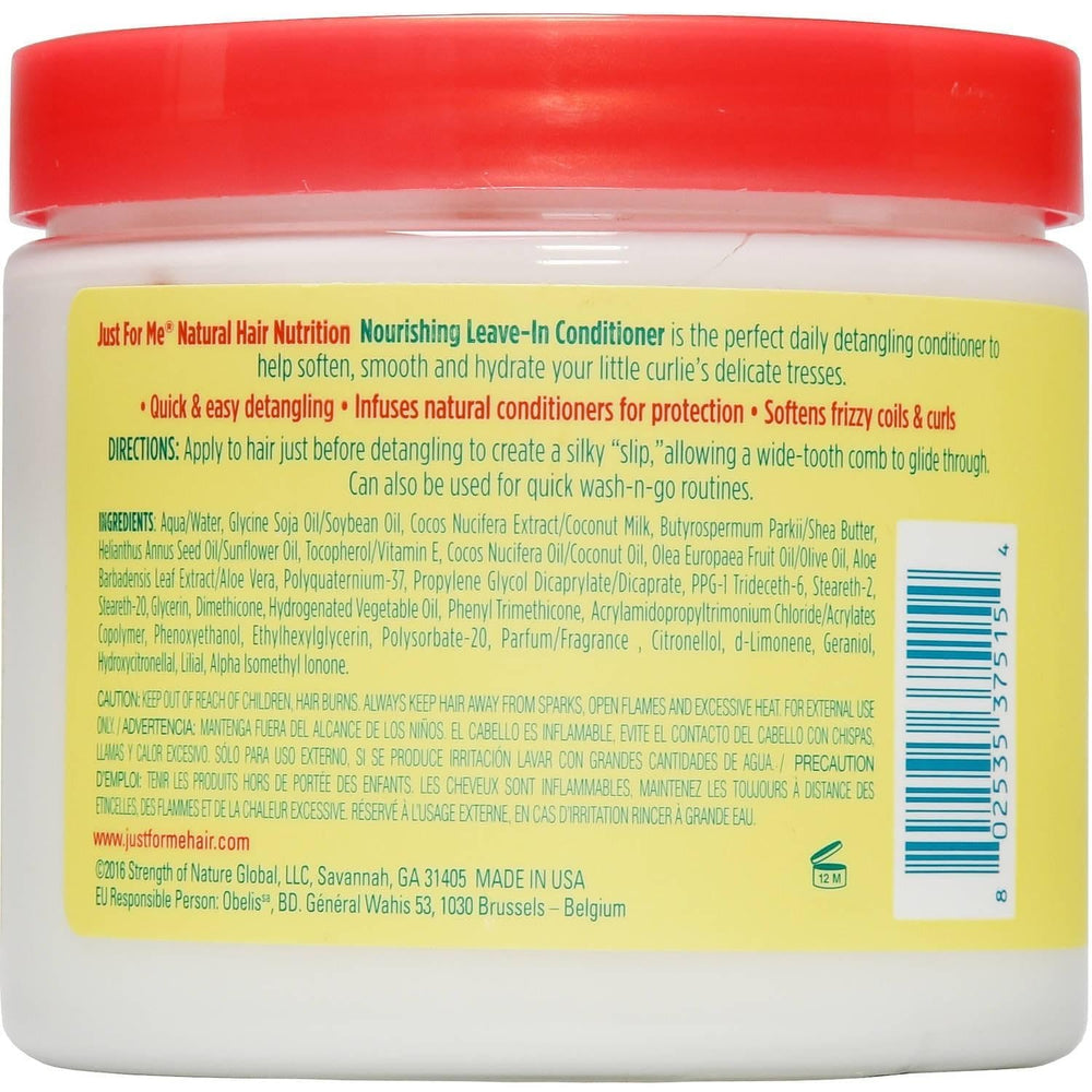 Just For Me Hair Nutrition Leave-In Conditioner texture closeup shows creamy formula for frizz control.