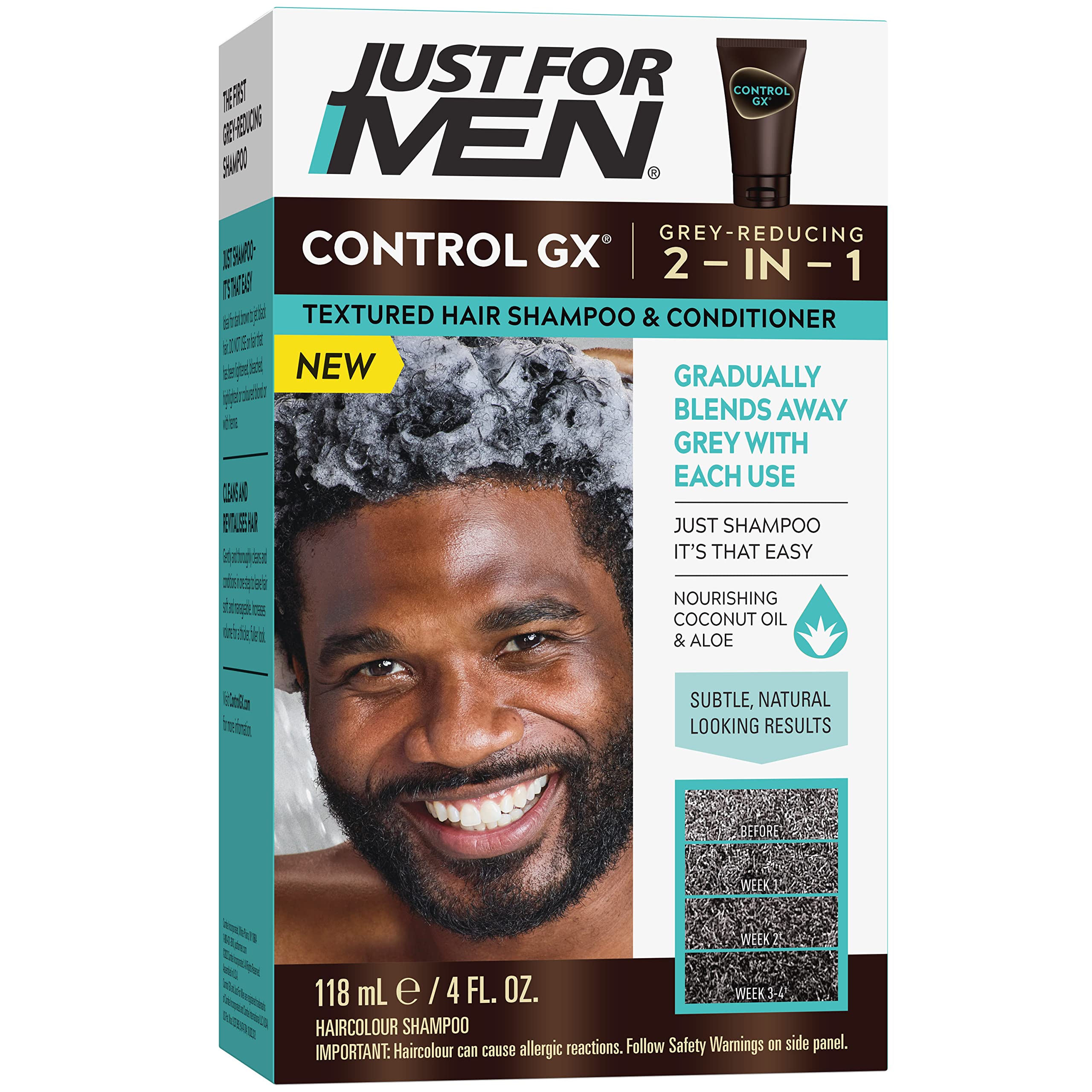 Just for Men Control GX grey-reducing shampoo bottle pour shows gradual grey reduction