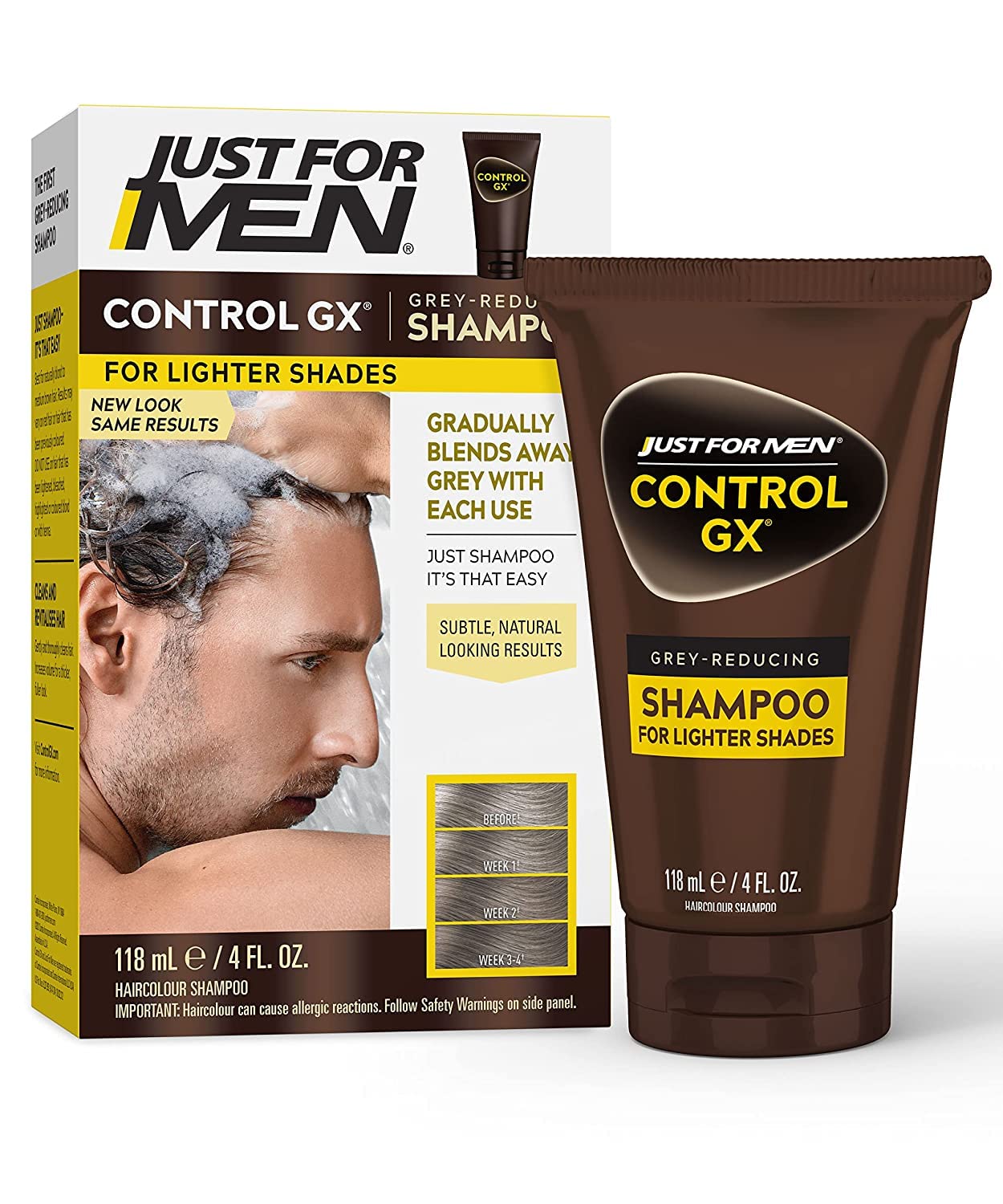 Just for Men Control GX bottle showing gradual grey reduction for natural results.