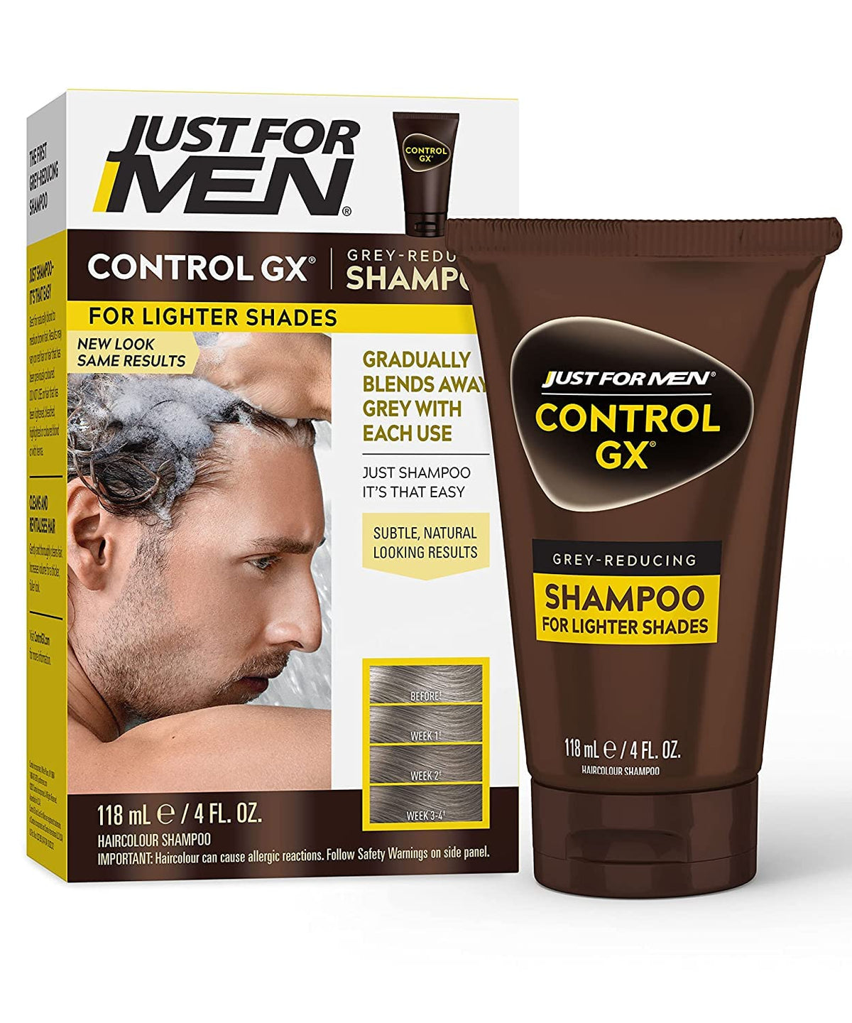 Just for Men Control GX bottle showing gradual grey reduction for natural results.