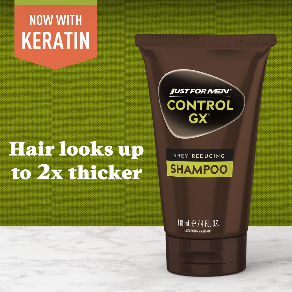 Just for Men Control GX keratin-strength image highlights reinforced hair resilience and shine.