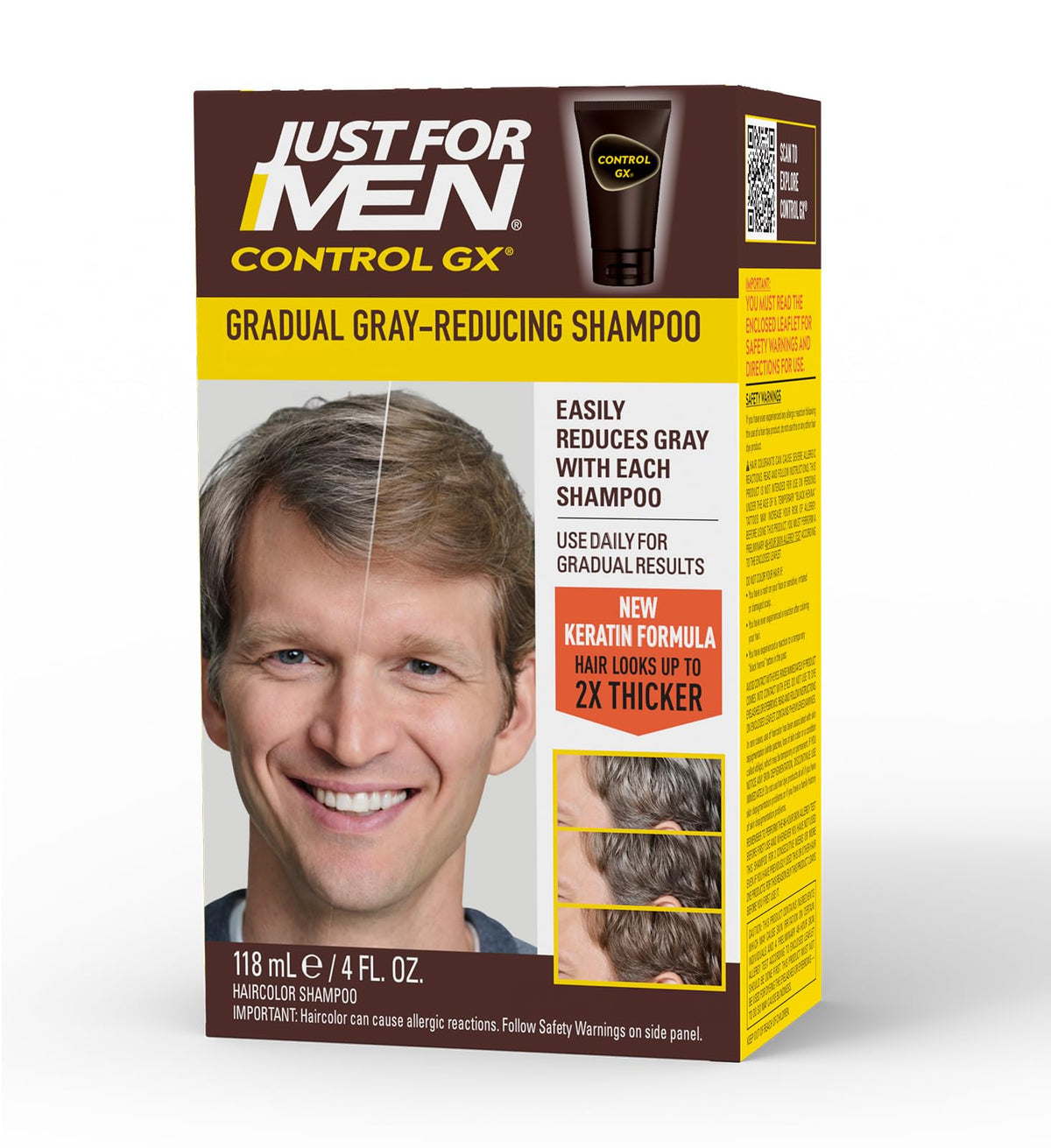 Just for Men Control GX shampoo bottle front view showing gradual grey reduction