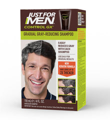 Just for Men Control GX shampoo bottle demonstrates a gradual grey-reducing formula for natural-looking color.