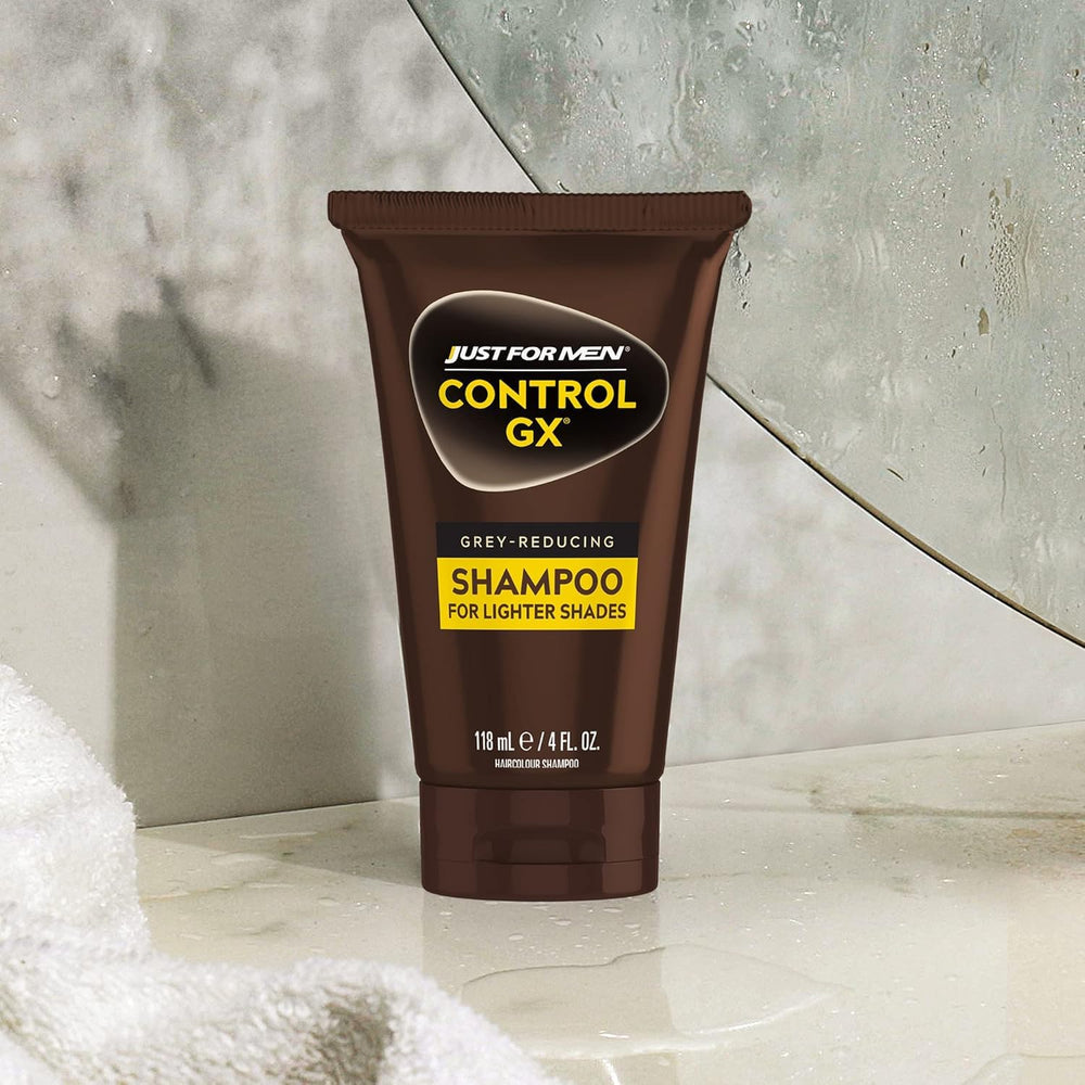 Just for Men Control GX shampoo with keratin illustration highlighting stronger-looking hair