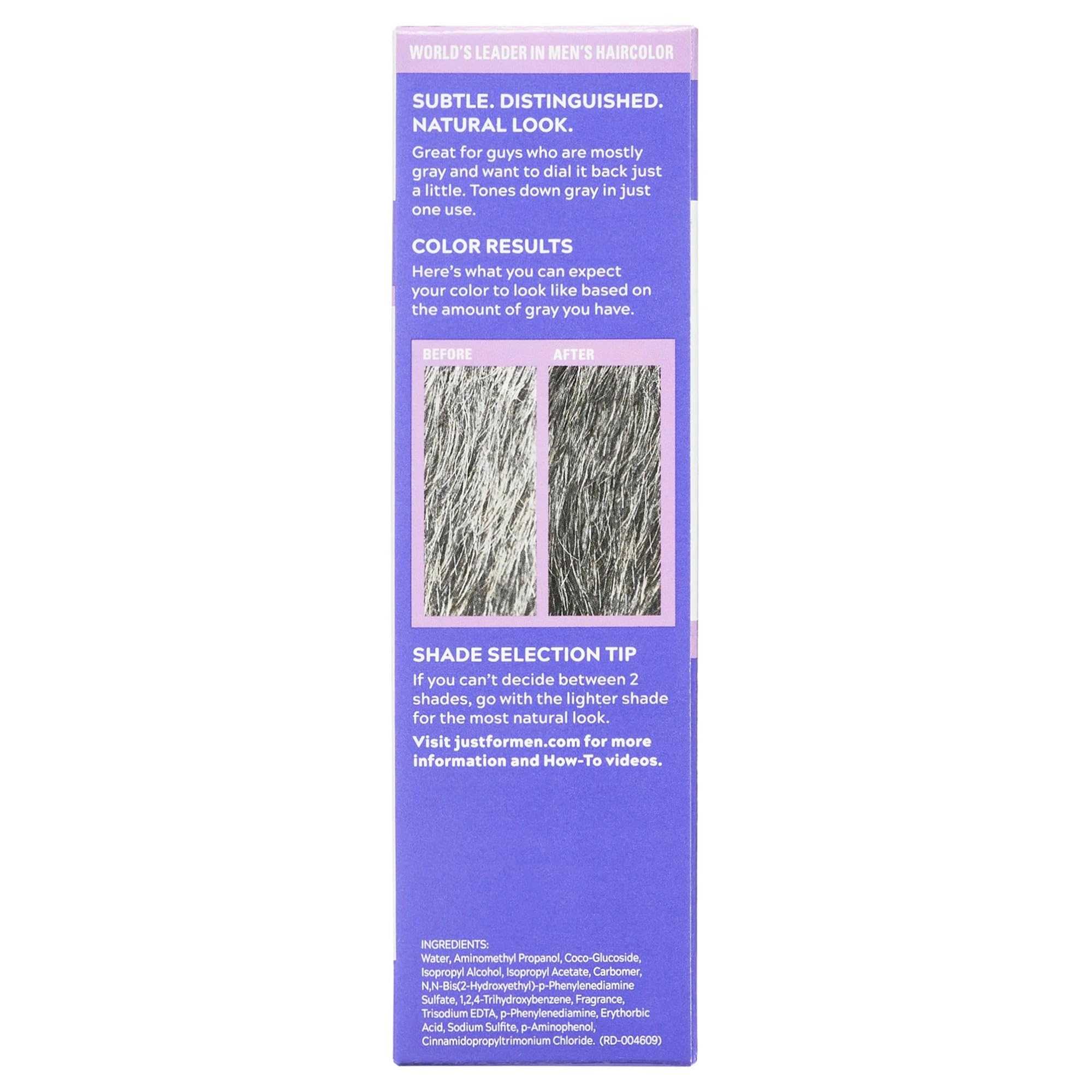 Just for Men Touch of Gray box shows before-and-after results visual.