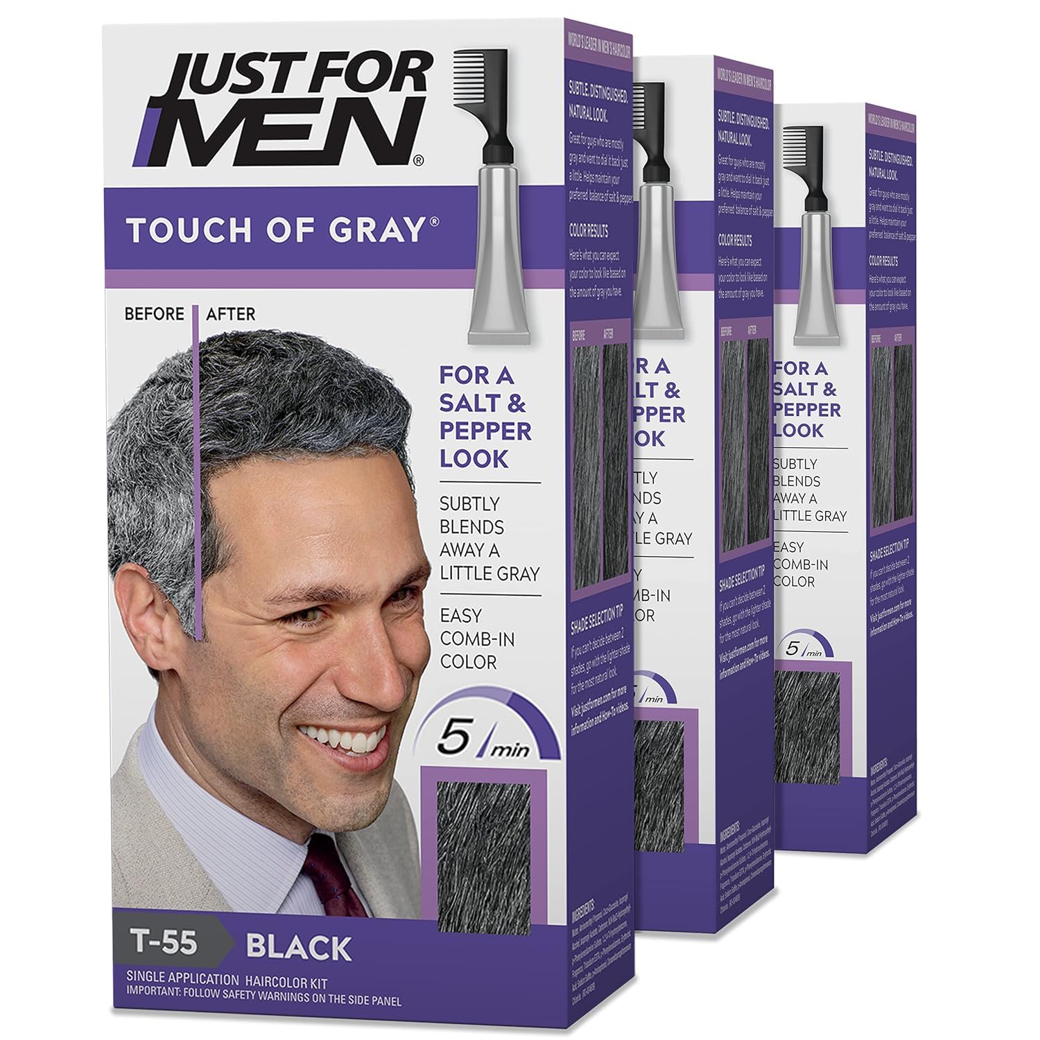 Just for Men Touch of Gray box with three-pack kit for at-home color touch-ups.