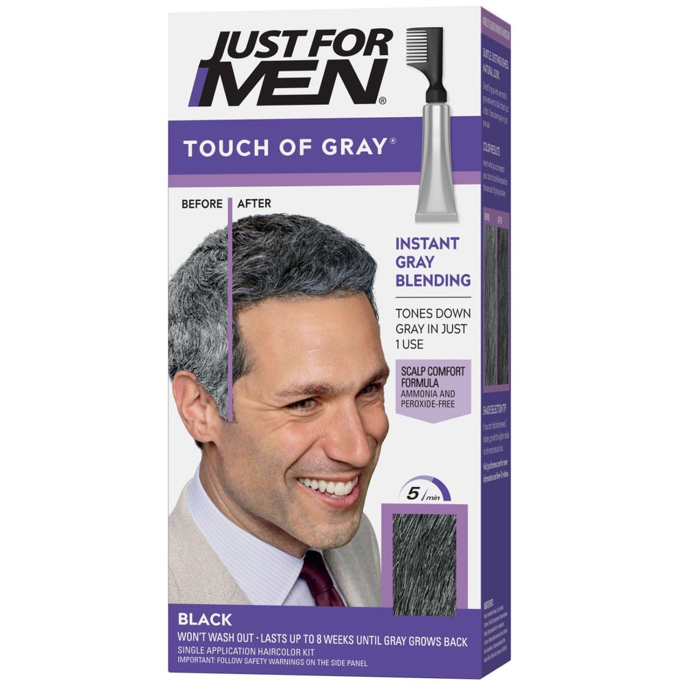 Just For Men Touch of Gray bottle closeup demonstrates subtle gray blending.