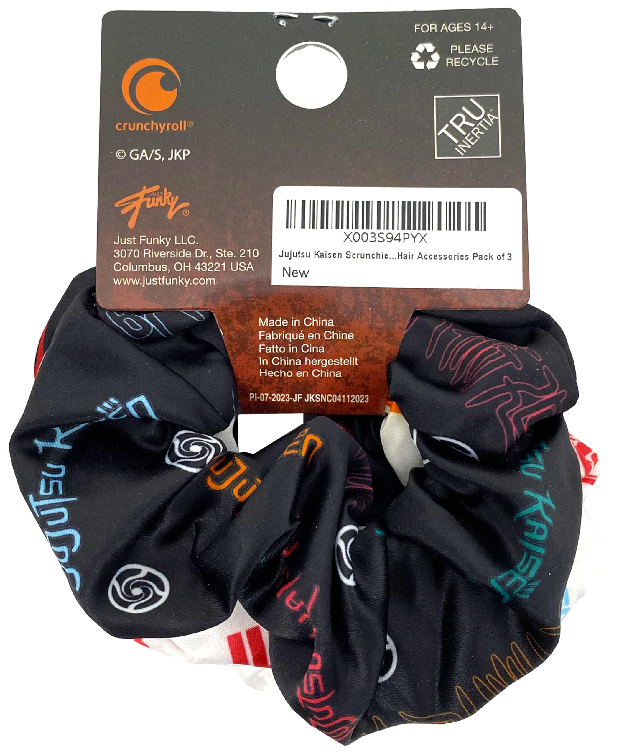JUST FUNKY Jujutsu Kaisen high red swirl emblem scrunchie adds bold sorcerer-style flair.