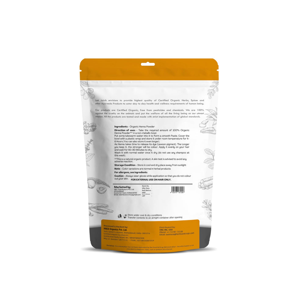 Just Jaivik Henna Powder jar closeup—concentrated formula for strong, keratin-friendly hair.