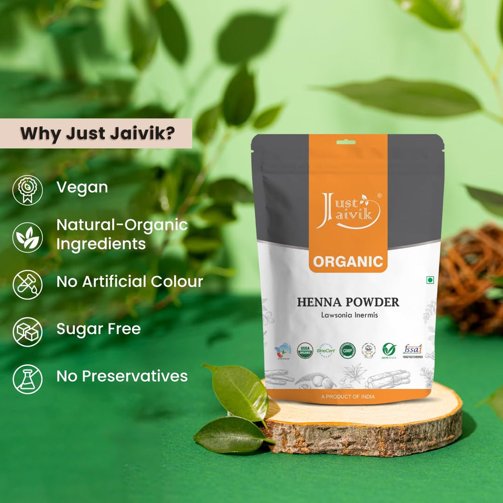 Just Jaivik Henna Powder organic label—USDA Organic assurance for pure ingredients.