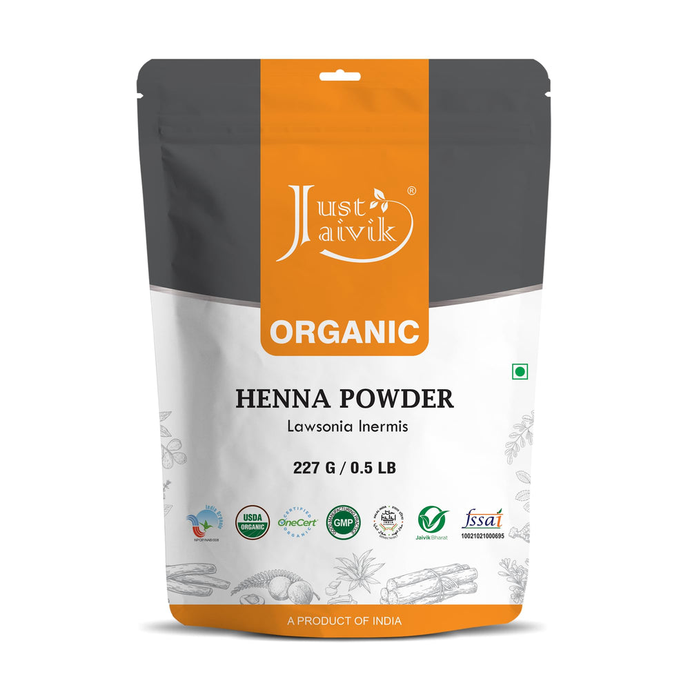 Just Jaivik Henna Powder packaging—natural, chemical-free dye option for hair.