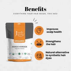 Just Jaivik Indigo Powder swatch on hair hints dark brown to black shade outcomes.