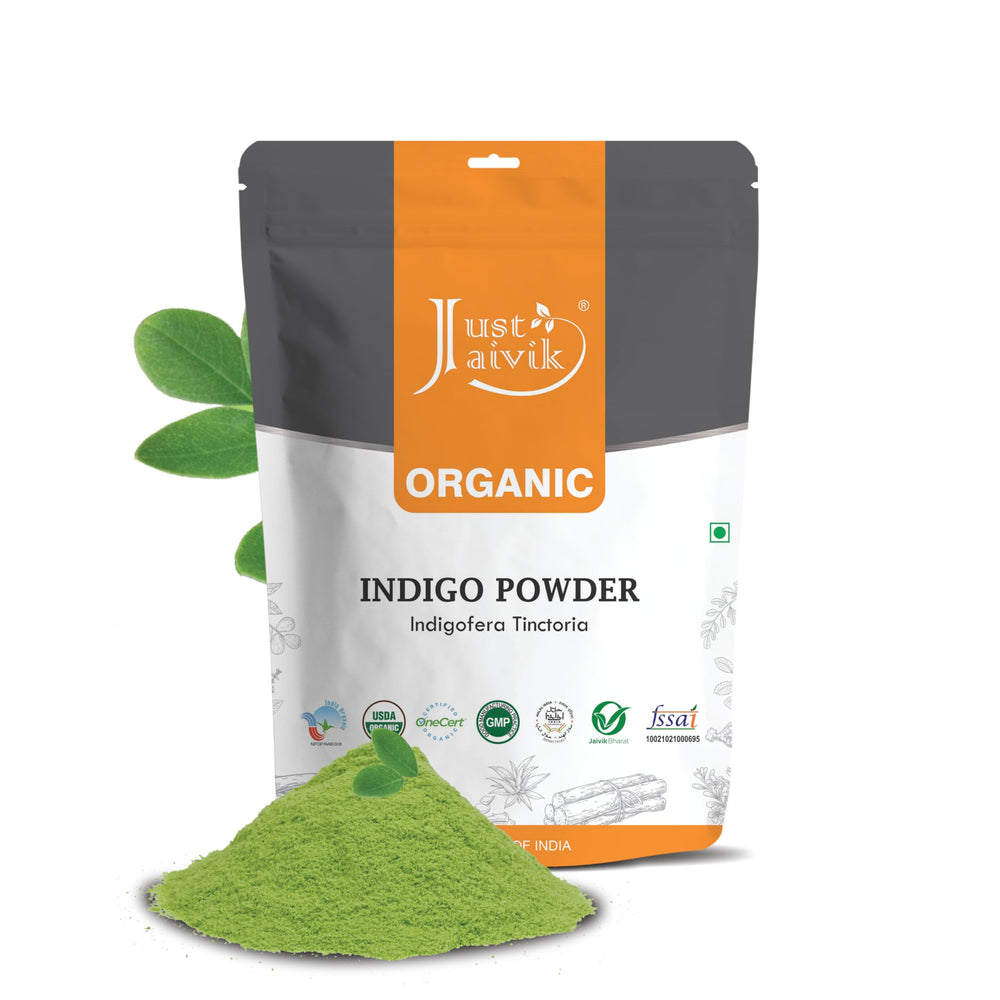 Just Jaivik Indigo Powder packaging shows 100% organic quality for freshness.