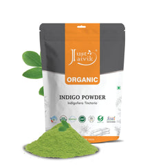 Just Jaivik Indigo Powder packaging shows 100% organic quality for freshness.
