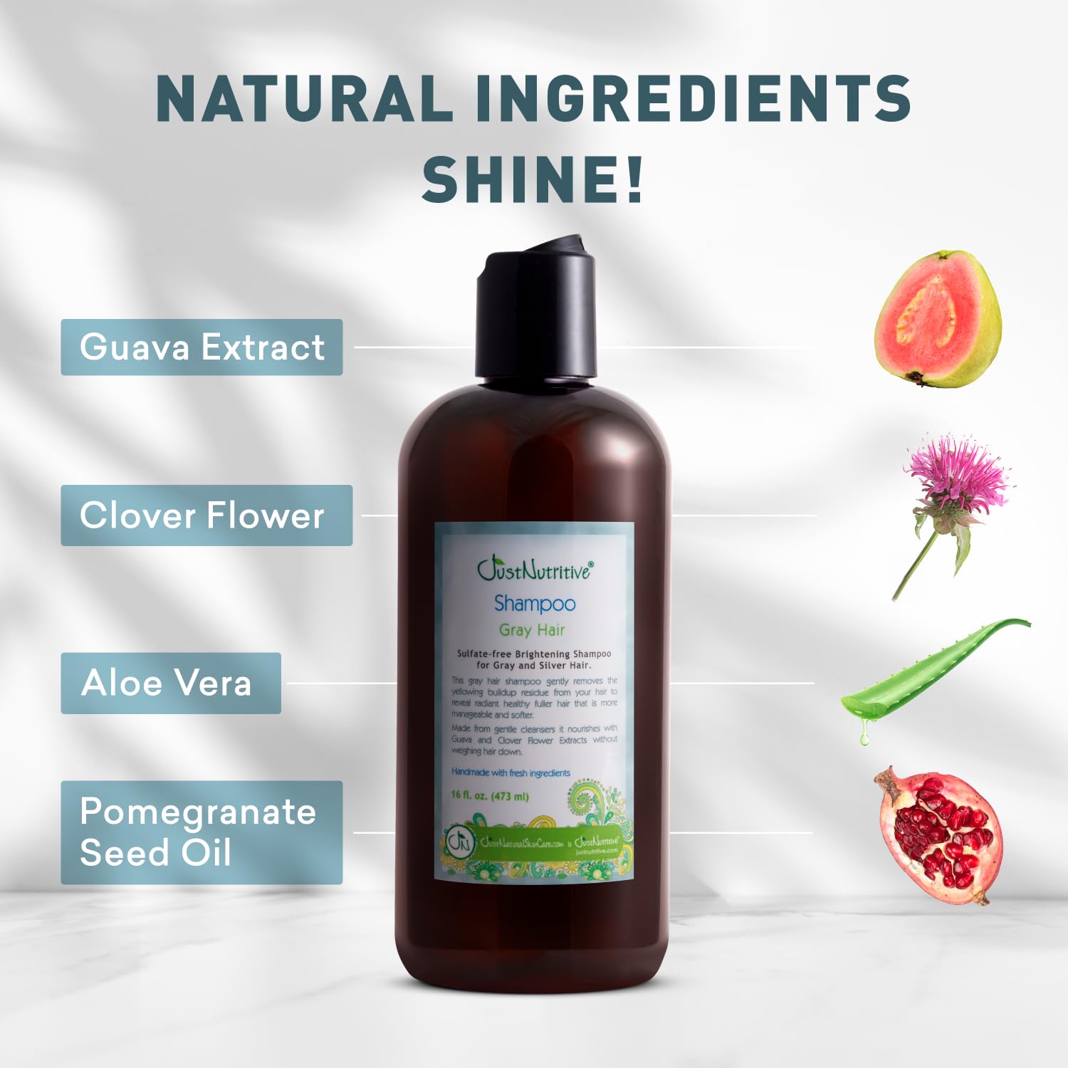 Just Nutritive gray hair shampoo after-use shine on strand for healthier-looking hair.