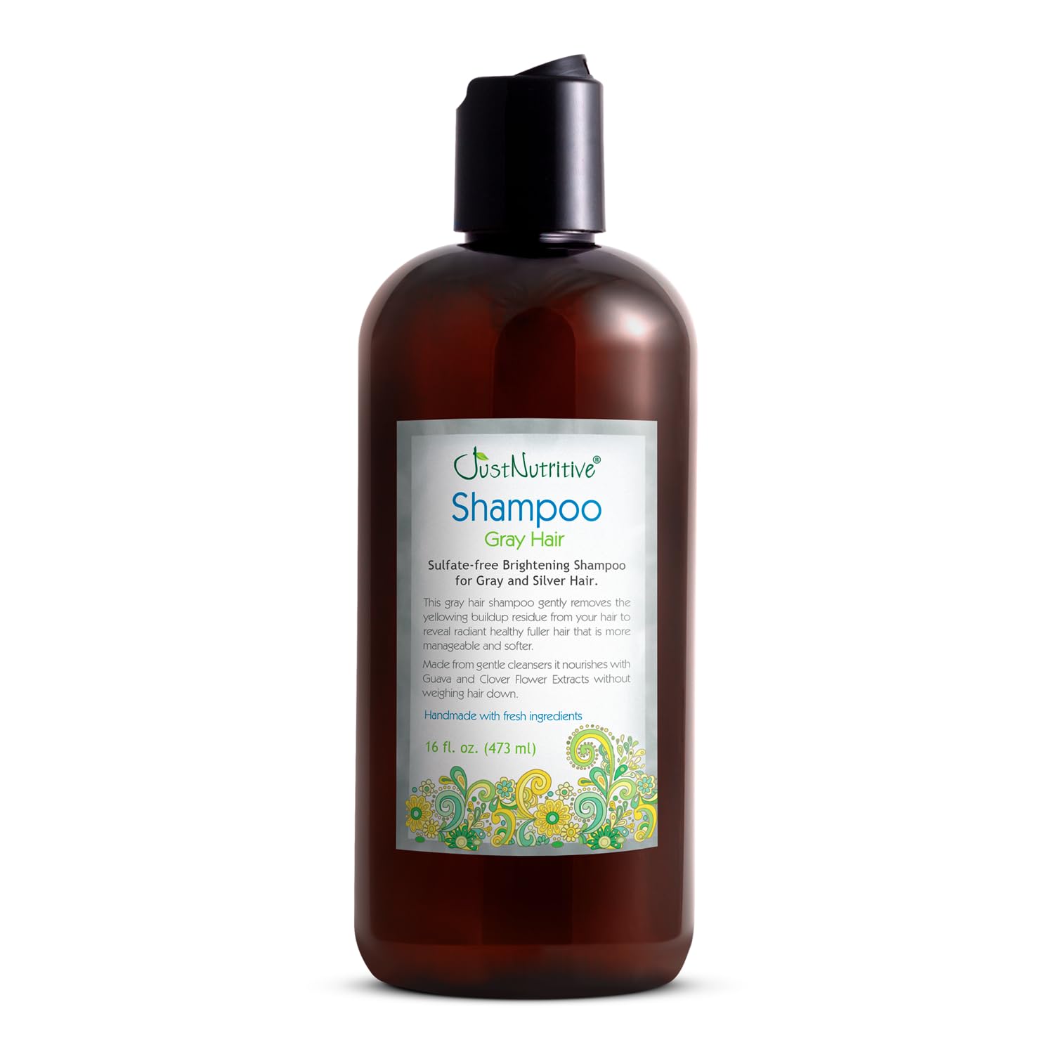 Just Nutritive gray hair shampoo bottle showcasing color-safe formula for salon-like care.