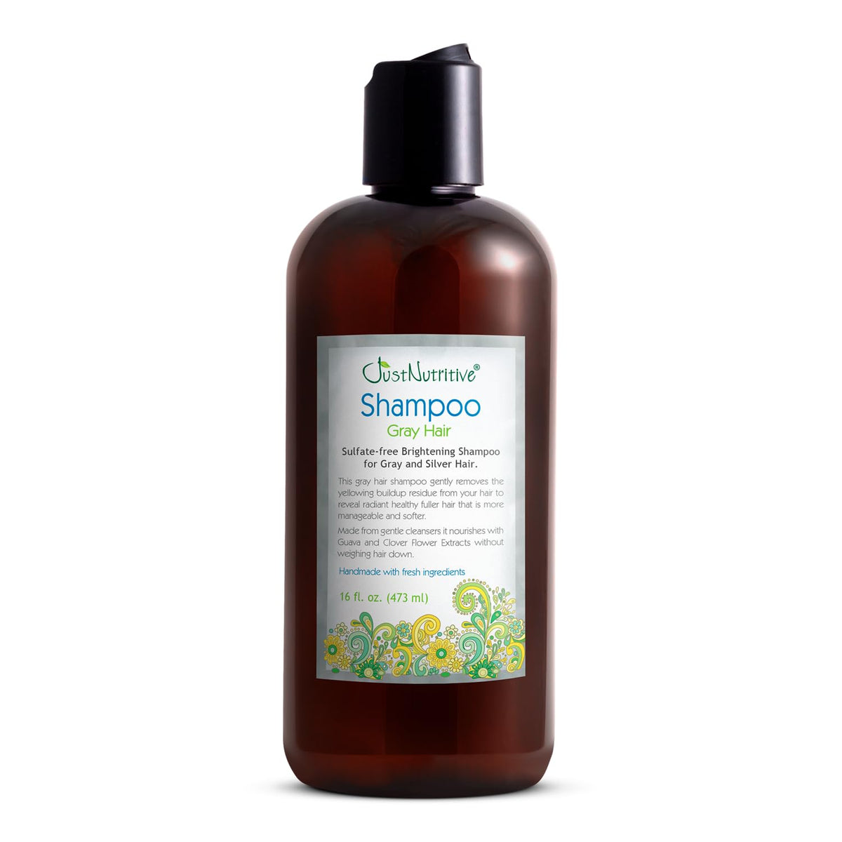Just Nutritive gray hair shampoo bottle showcasing color-safe formula for salon-like care.